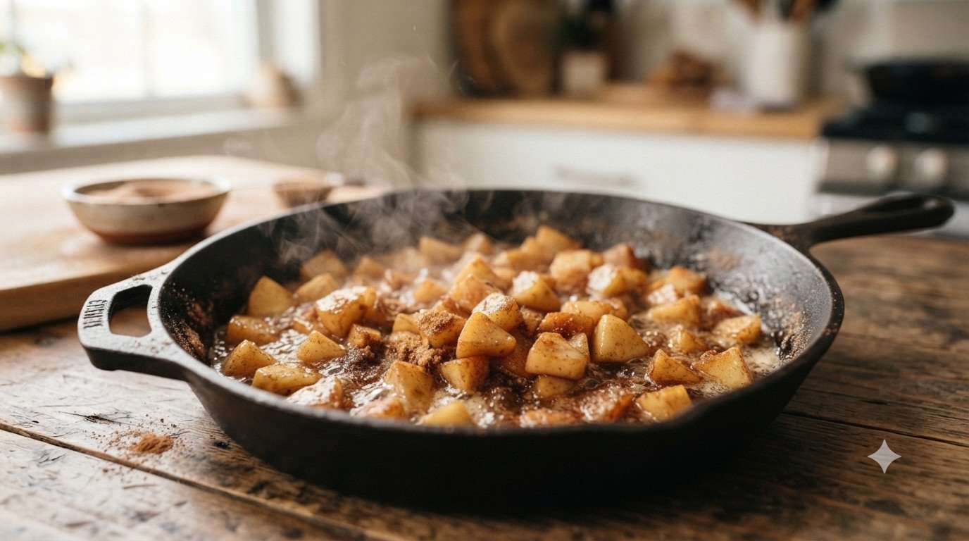 Manzana troceada salteándose con mantequilla, azúcar moreno y canela en una sartén