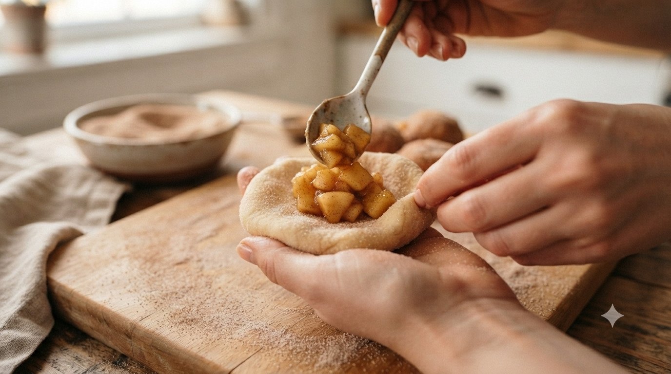 Círculo de masa relleno con la mezcla de manzana y cerrado formando una bola sobre tabla de madera
