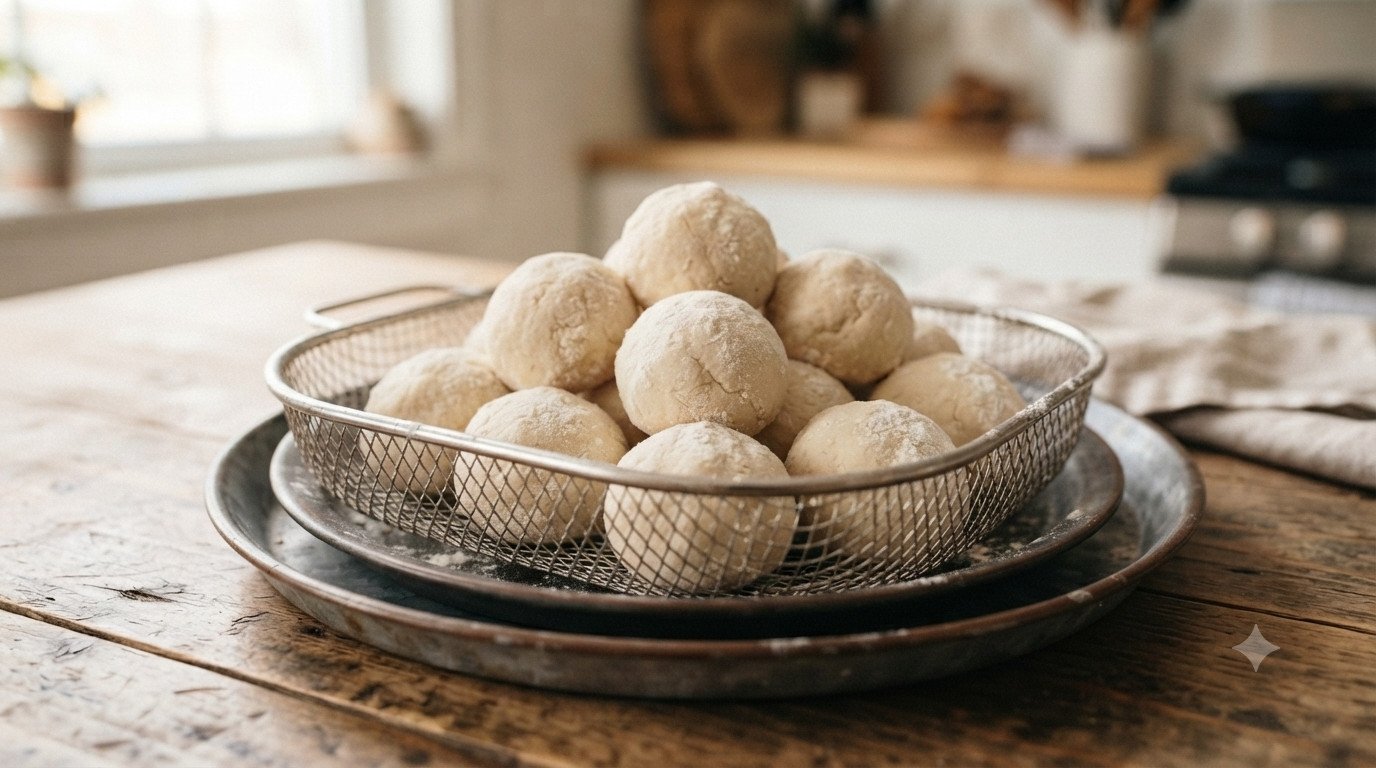 Bombas de masa dentro de la cesta de la freidora de aire antes de cocinar