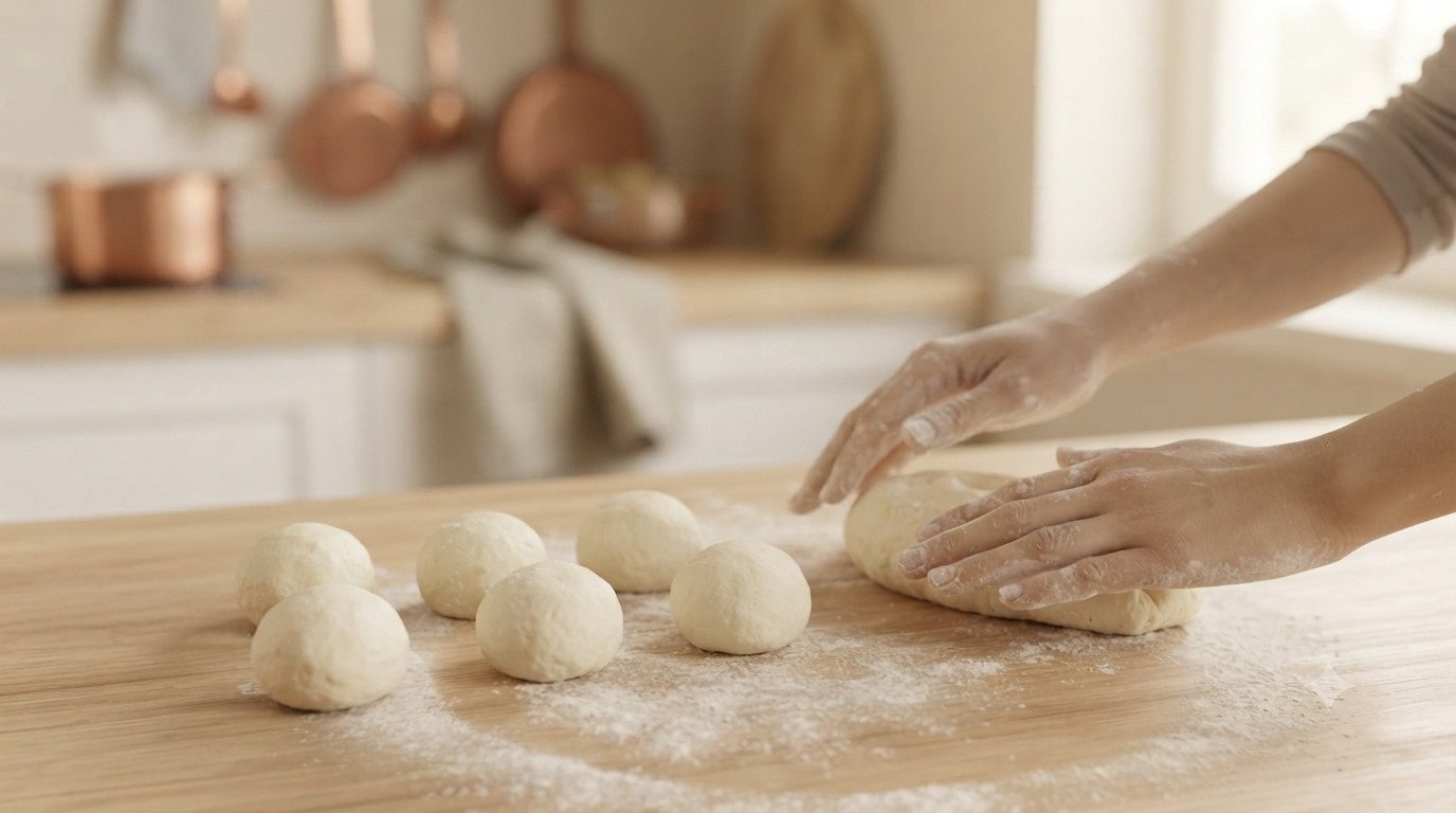 Manos formando bolitas de masa sobre superficie enharinada