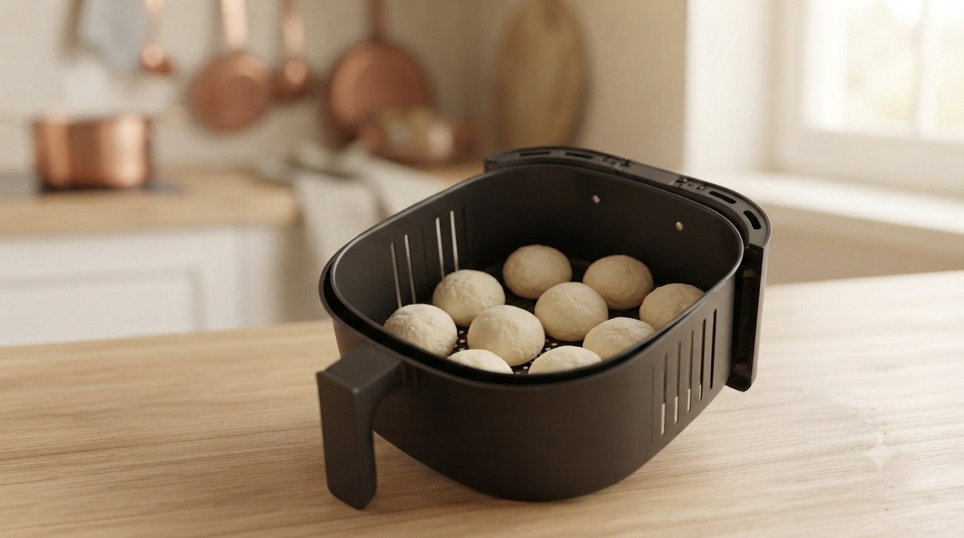 Bolitas de masa dentro de la cesta de la freidora de aire antes de cocinar