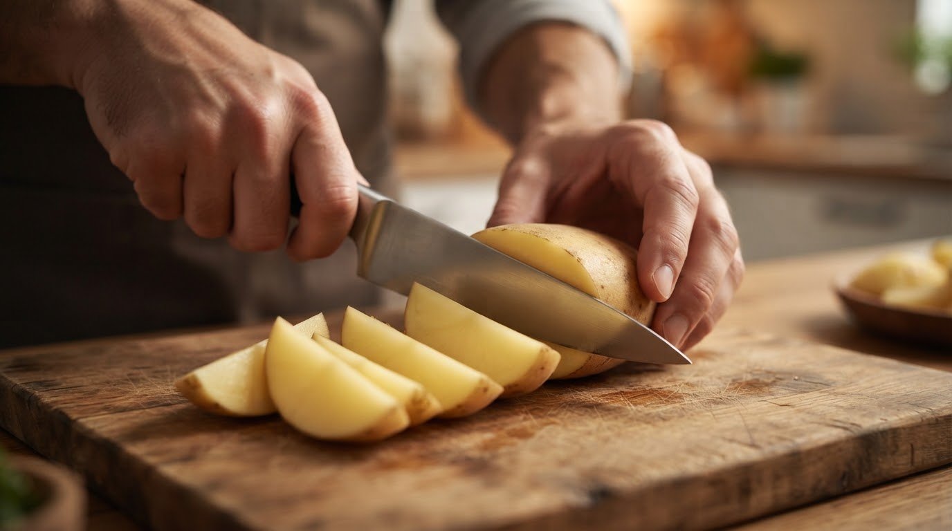 Cortando las patatas en trozos sobre una tabla de madera