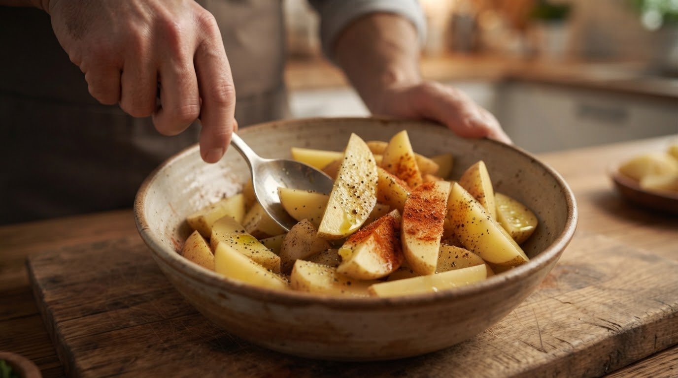 Patatas troceadas aliñándose con aceite, sal y pimentón en un bol