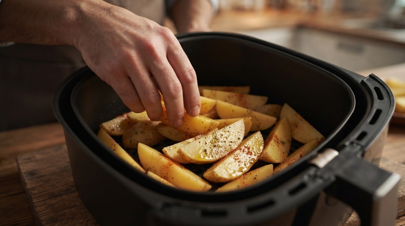 Patatas aliñadas repartidas en la cesta de la freidora de aire