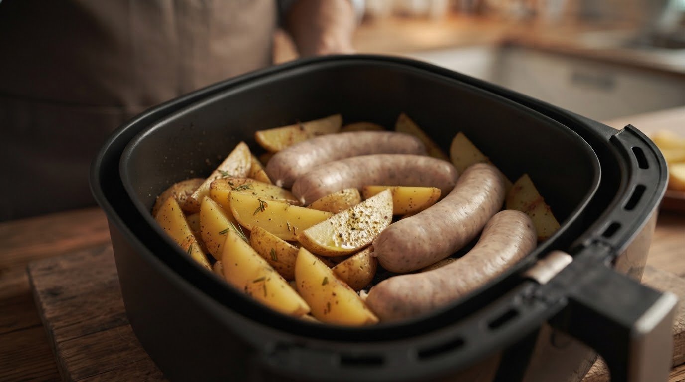 Salchichas blancas alemanas colocadas junto a las patatas en la cesta