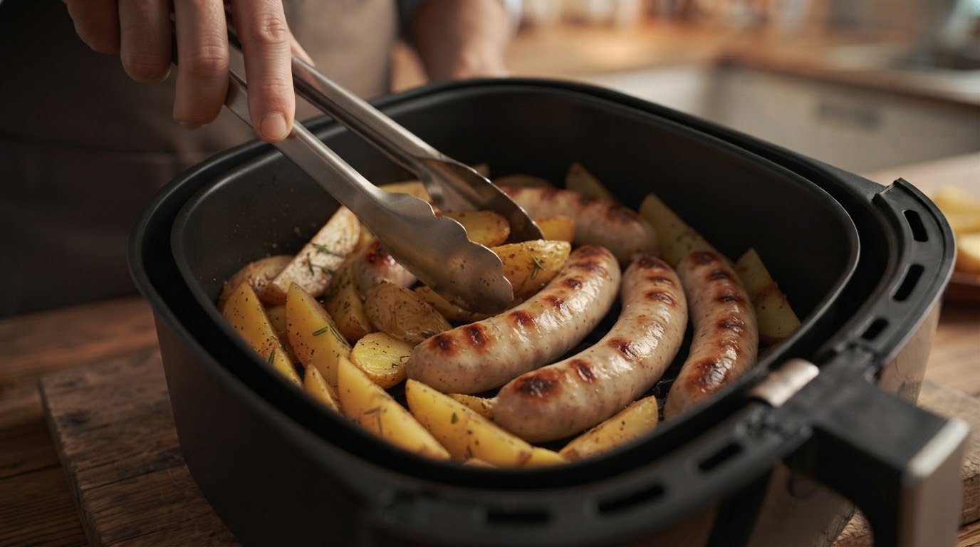 Dando la vuelta a las salchichas y removiendo las patatas con pinzas