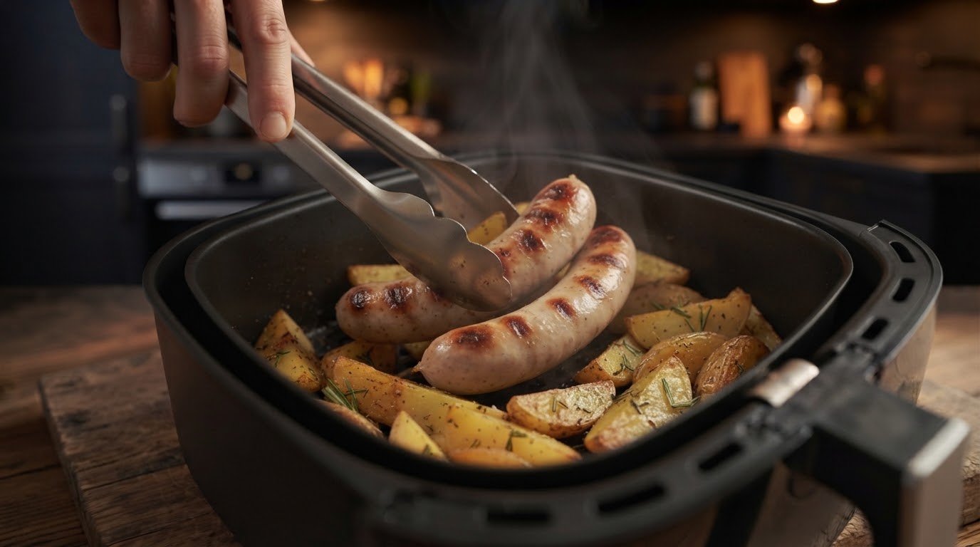 Salchichas doradas y patatas crujientes recién sacadas de la freidora de aire