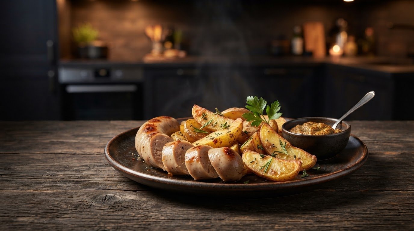 Salchicha blanca alemana con patatas asadas servidas con mostaza