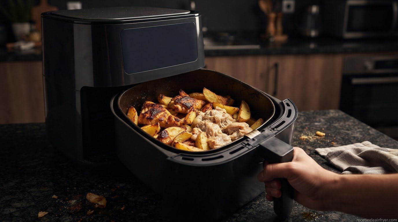 Freidora de aire con comida cocinada de forma desigual mostrando un error común de uso