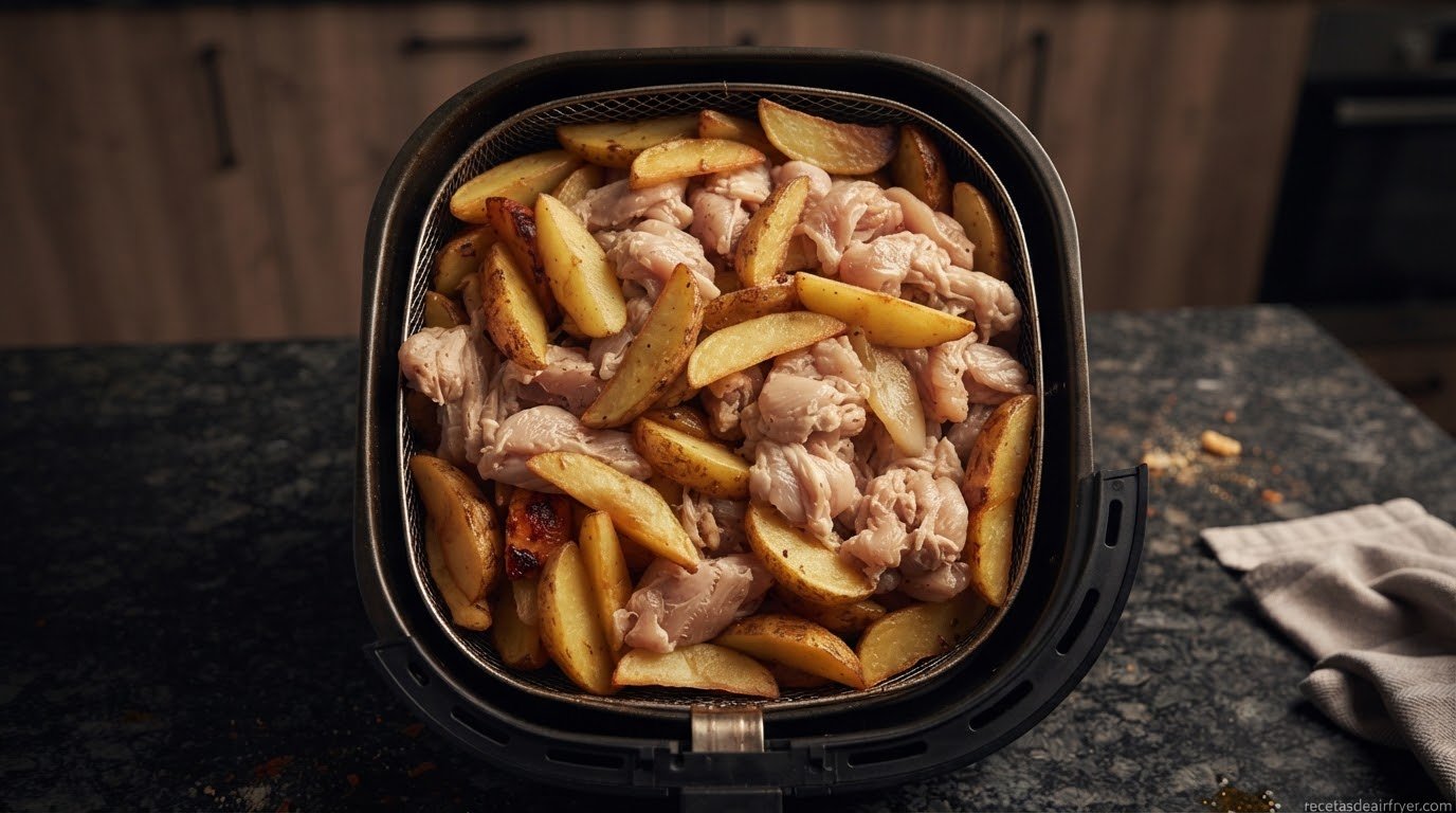 Cesta de freidora de aire sobrecargada con comida amontonada