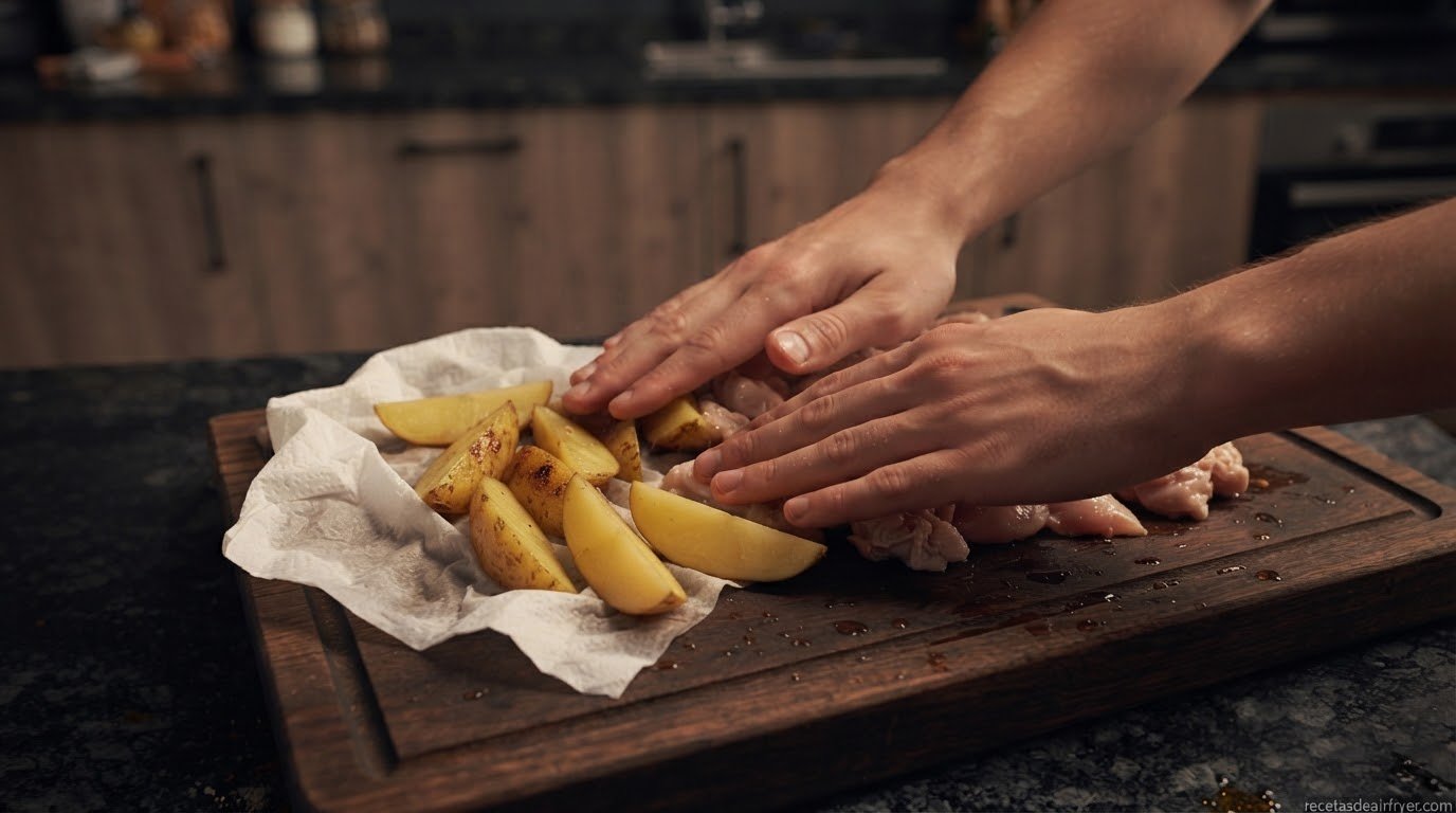 Manos secando alimentos húmedos con papel de cocina antes de cocinar en freidora de aire