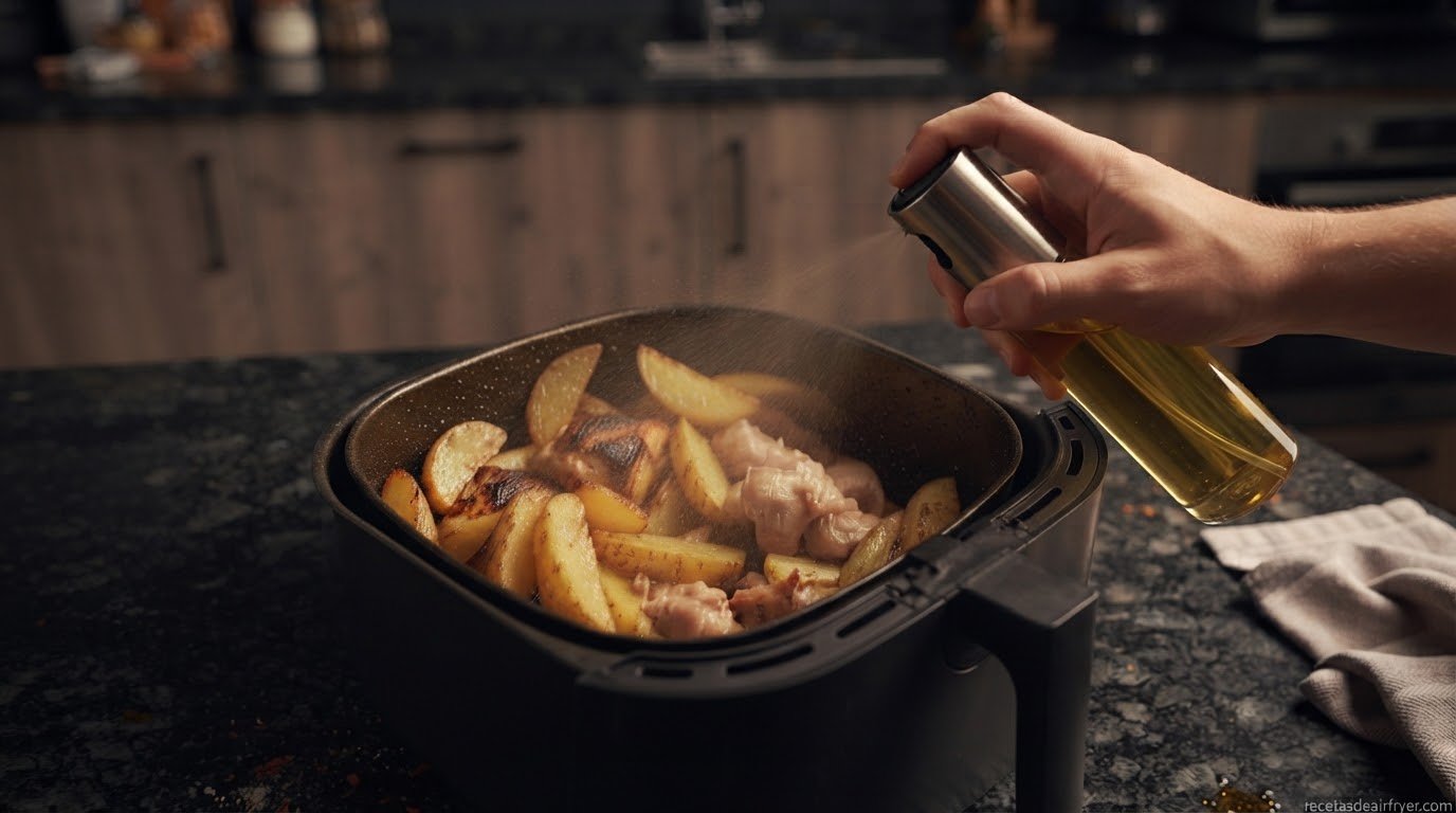 Rociando aceite en spray sobre comida dentro de la cesta de una freidora de aire
