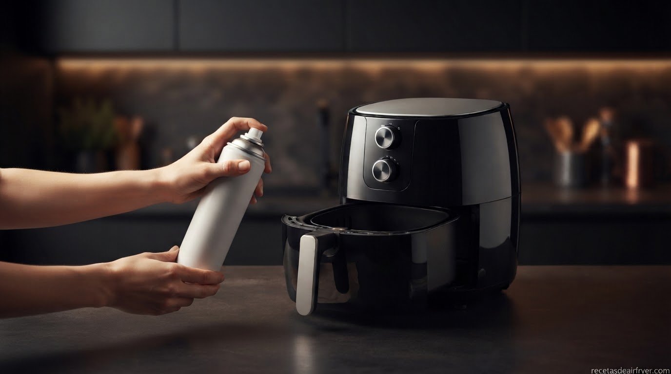 Lata de spray de aceite de cocina junto a una freidora de aire