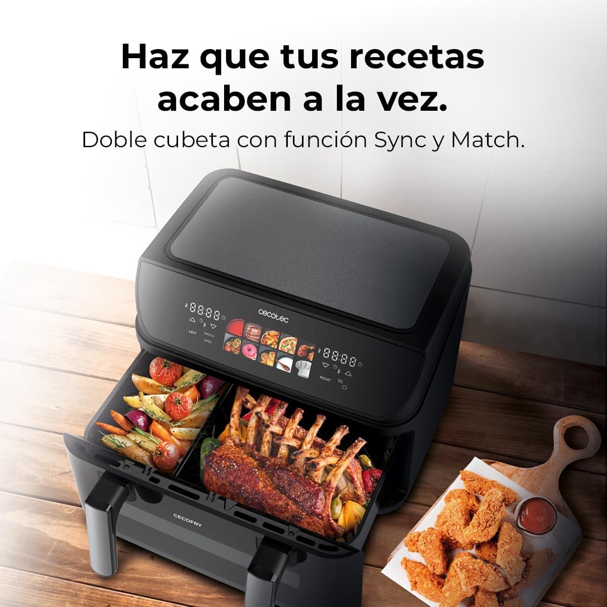 Cosori Dual Blaze TwinFry con el separador colocado, dos zonas de cocción independientes