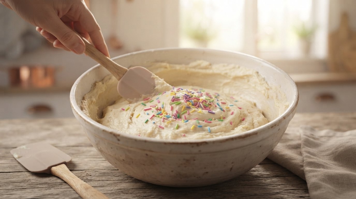 Sprinkles de colores siendo añadidos y mezclados con suavidad en la masa