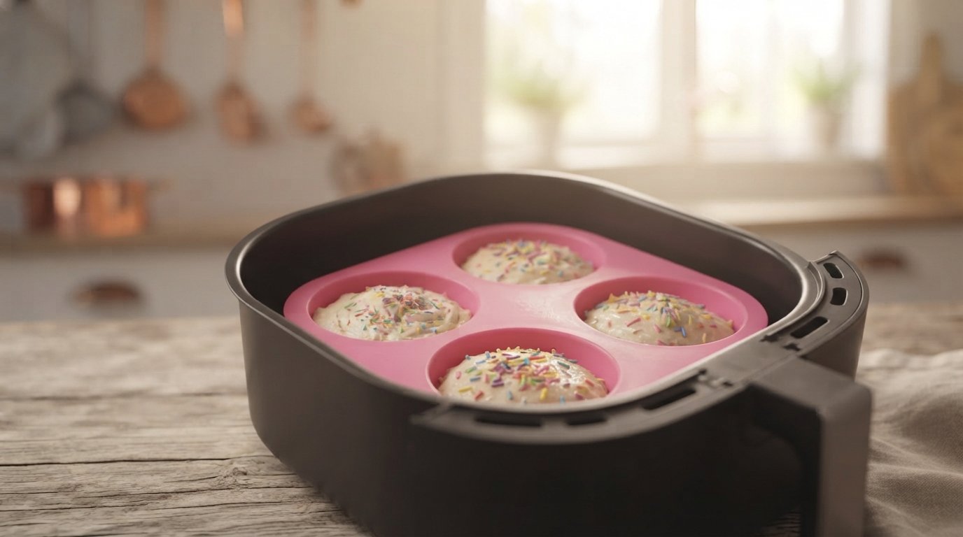 Moldes de muffin dentro de la cesta de la freidora de aire antes de cocinar