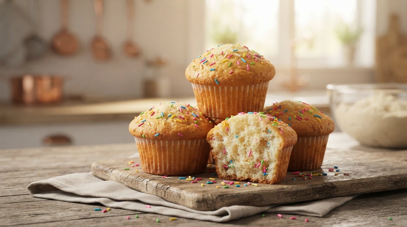 Muffins confeti esponjosos con sprinkles de colores en freidora de aire