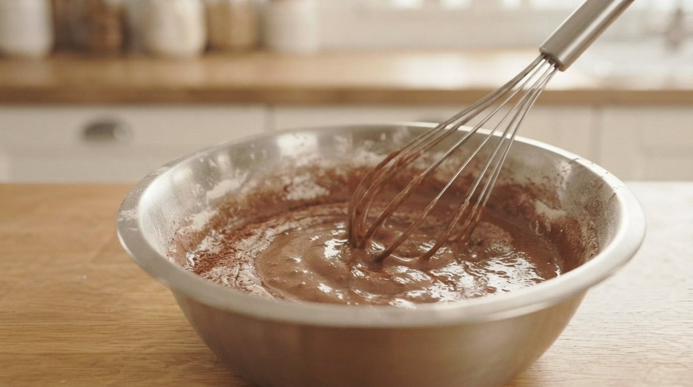 Yemas, mantequilla, harina, cacao y leche mezclándose en un bol, con textura líquida
