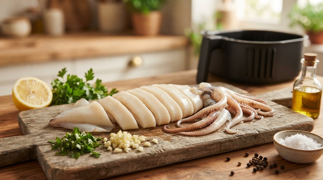 Sepia fresca limpia con ajo perejil limón y aceite para preparar en air fryer