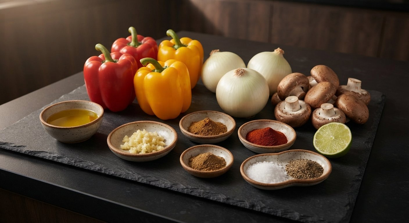 Verduras crudas cortadas: pimiento rojo y amarillo en tiras, cebolla en medias lunas, champiñones en láminas