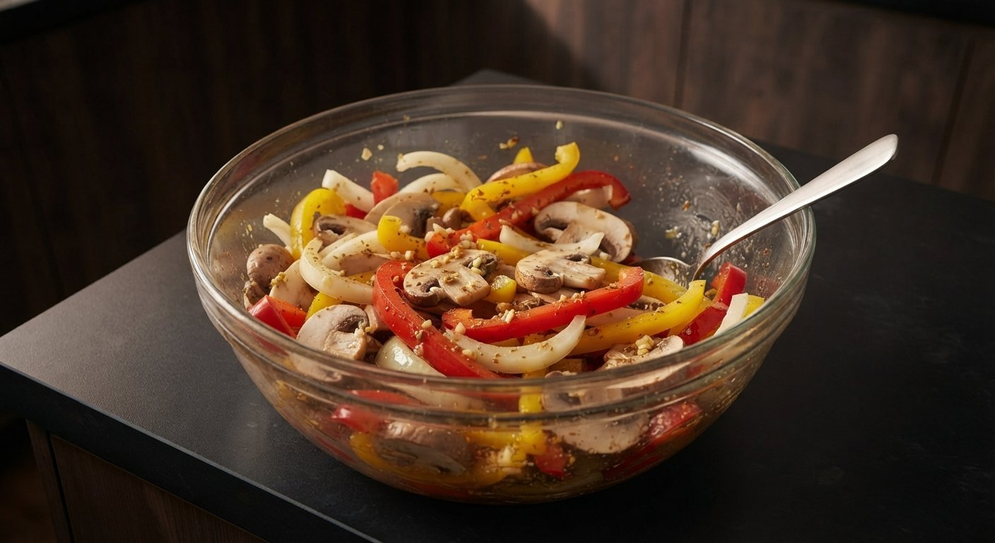 Cesta de freidora de aire abierta con fajitas vegetarianas comenzando a cocinarse, verduras distribuidas uniformemente