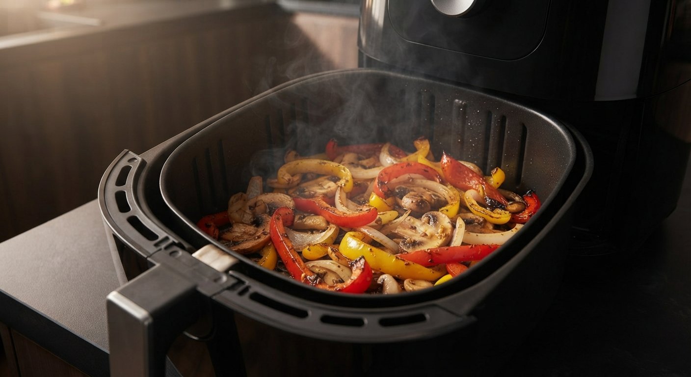 Fajitas dentro de la freidora mostrando el proceso de cocción, pimientos y cebolla con bordes dorados, champiñones tostados