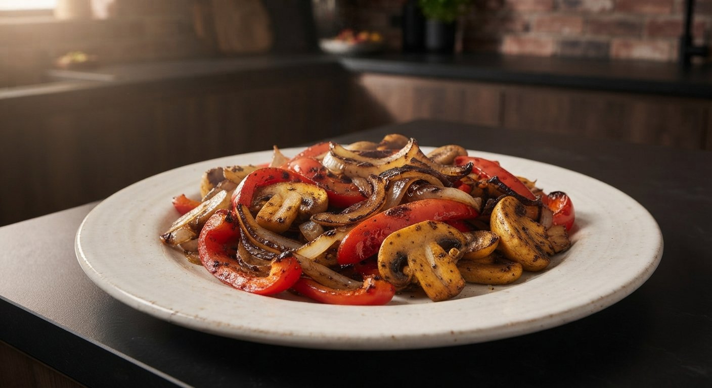 Plato blanco con fajitas vegetarianas finalizadas, verduras brillantes y caramelizadas, tortillas calientes apiladas al lado