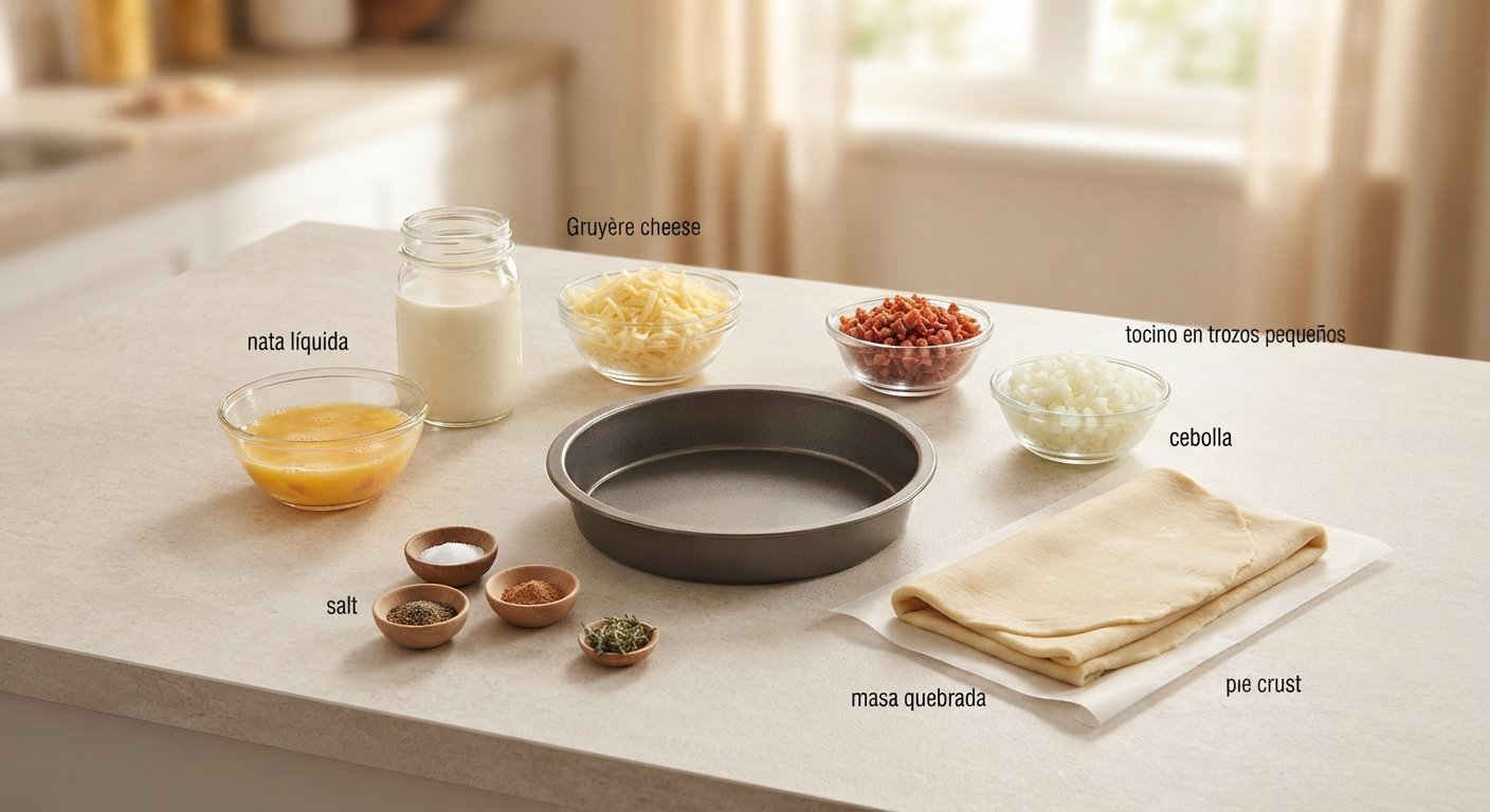 Ingredientes para preparar una quiche en freidora de aire con masa quebrada huevos bacon queso y cebolla