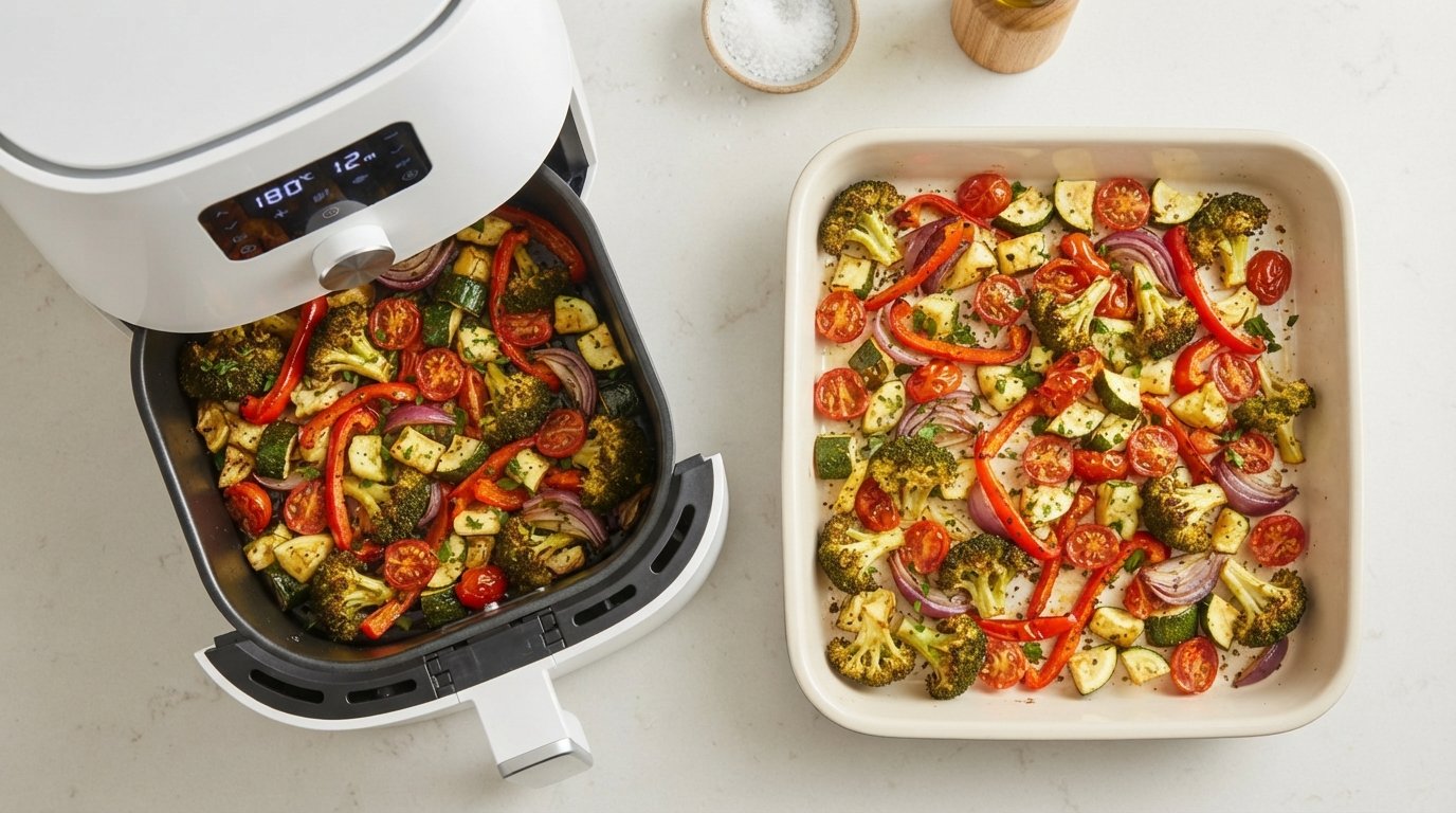 Freidora de aire y bandeja de horno con verduras asadas, comparando ambos métodos de cocción