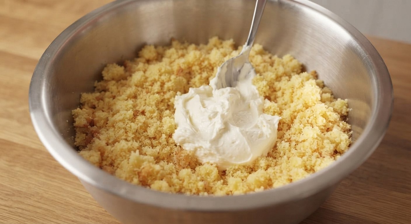 Bizcocho desmenuzado mezclándose con crema de queso en un bol