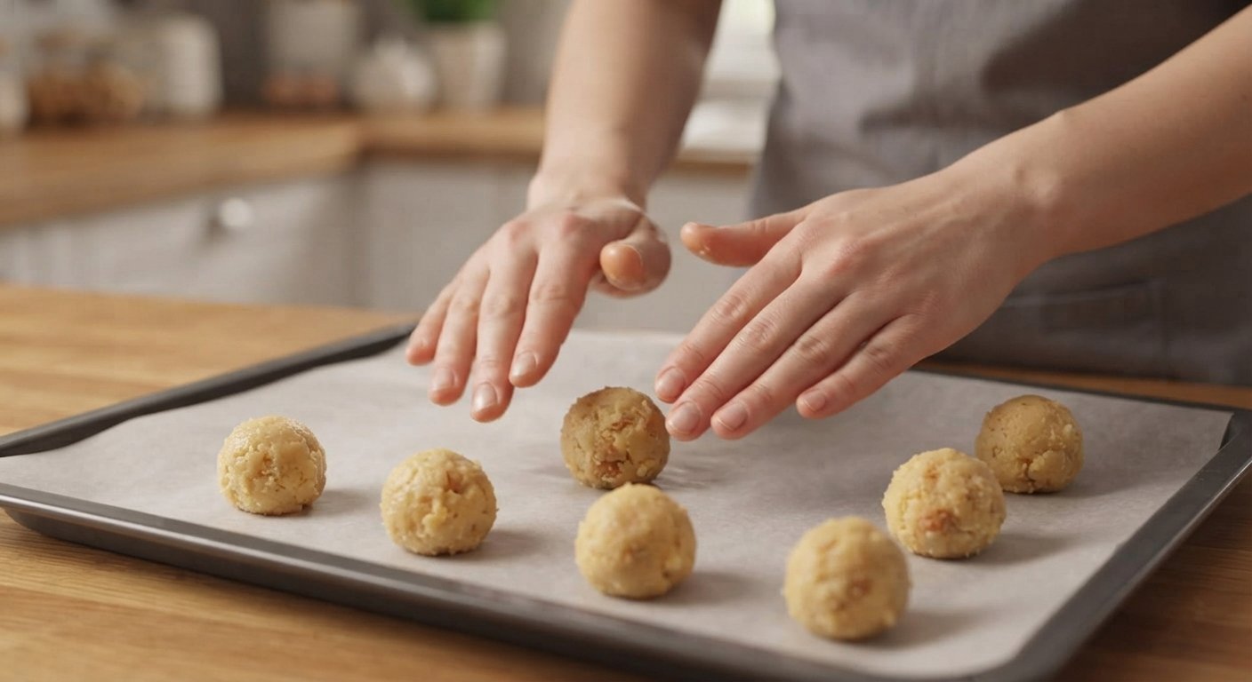 Manos formando bolitas de la mezcla sobre una bandeja
