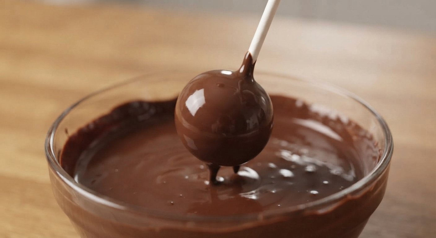 Bolita con palito insertado siendo bañada en chocolate derretido