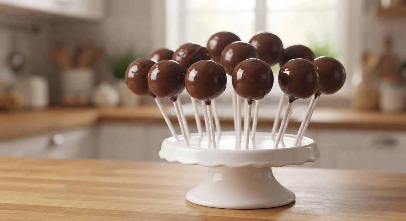 Cake pops recién bañados, de pie sobre un soporte, con el chocolate aún brillante