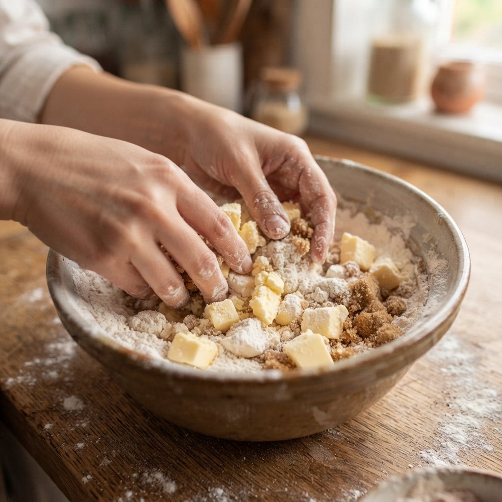 Mantequilla, harina y azúcar moreno mezclándose con los dedos para el crumble