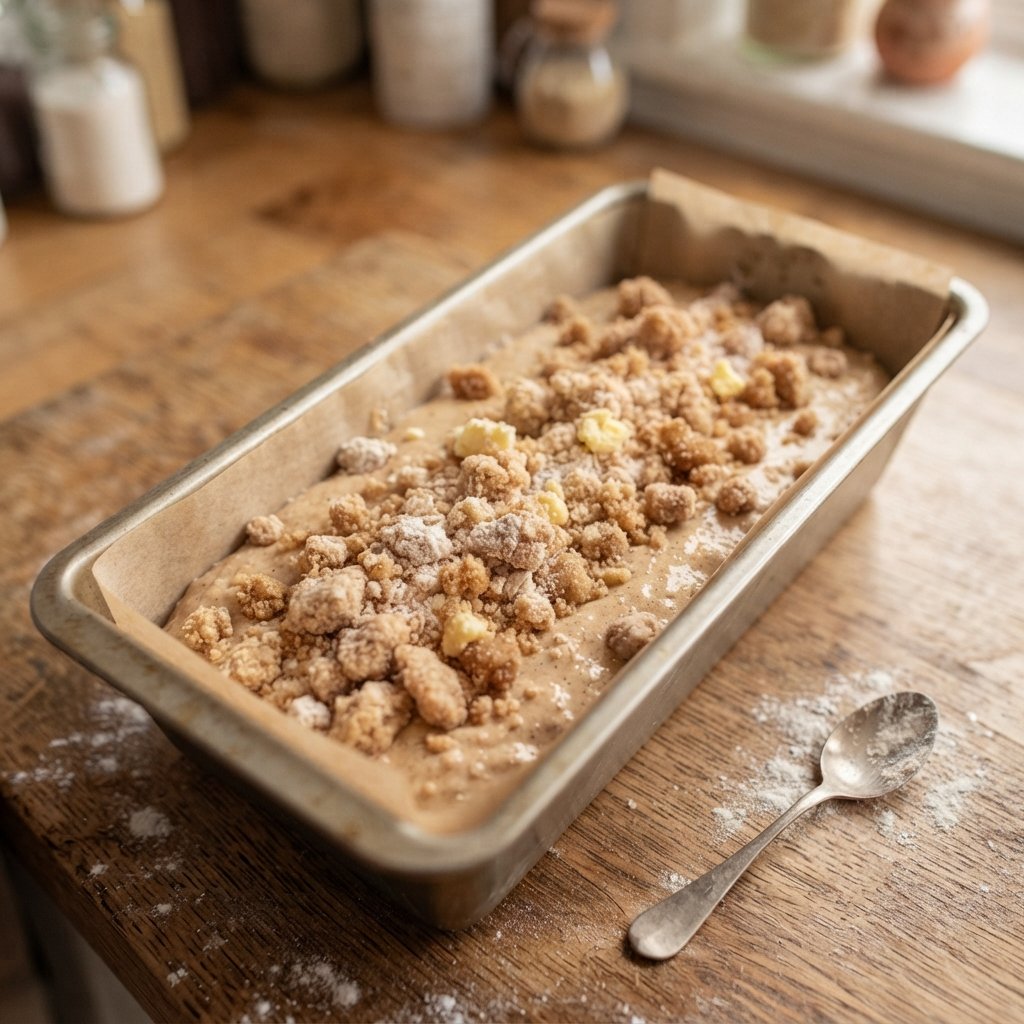 Molde con la masa de bizcocho vertida y el crumble esparcido por encima