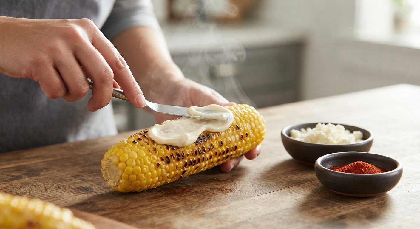 Mano untando mayonesa sobre una mazorca recién asada