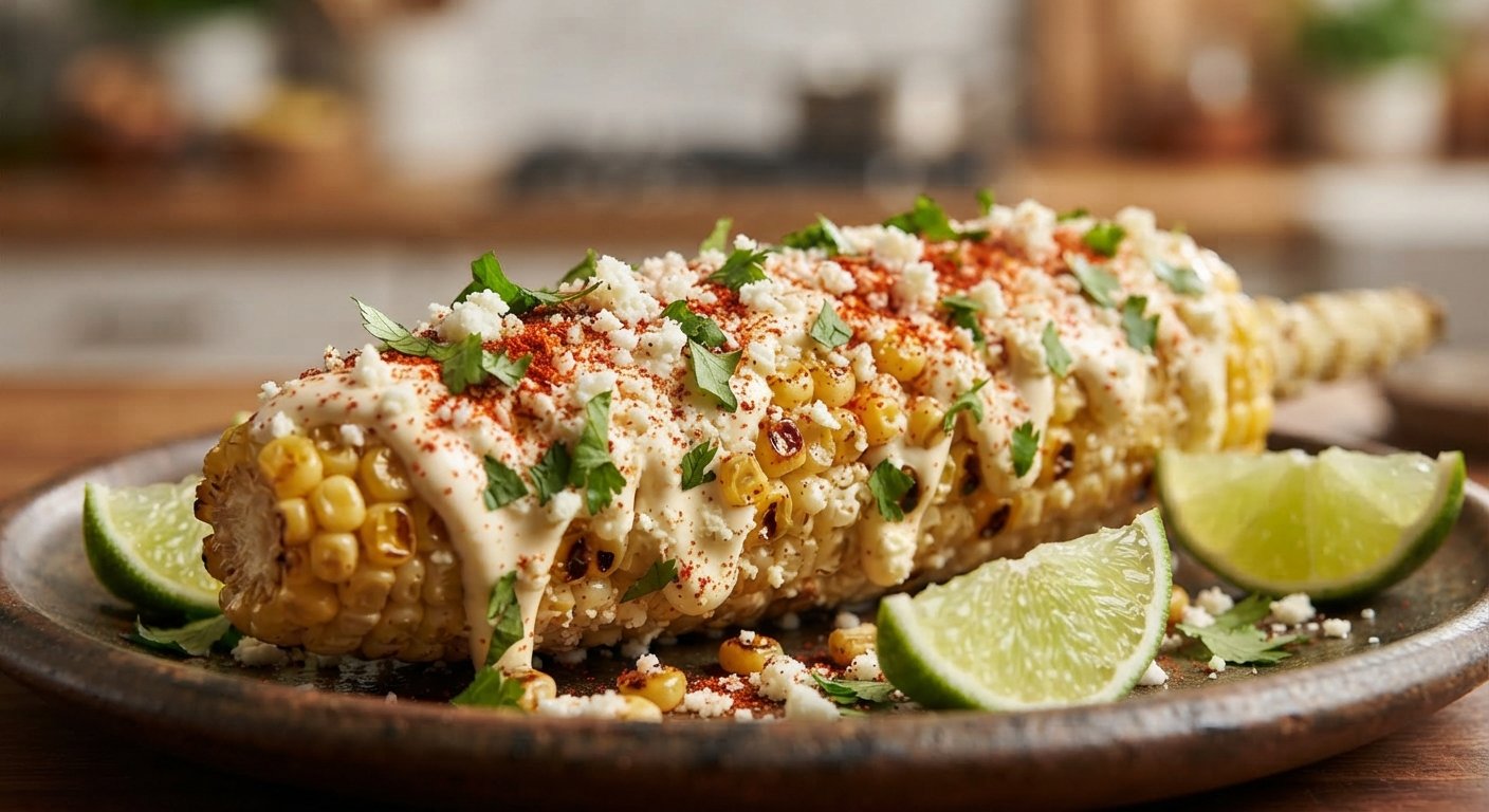 Elote asado terminado con mayonesa, queso cotija, chile y cilantro