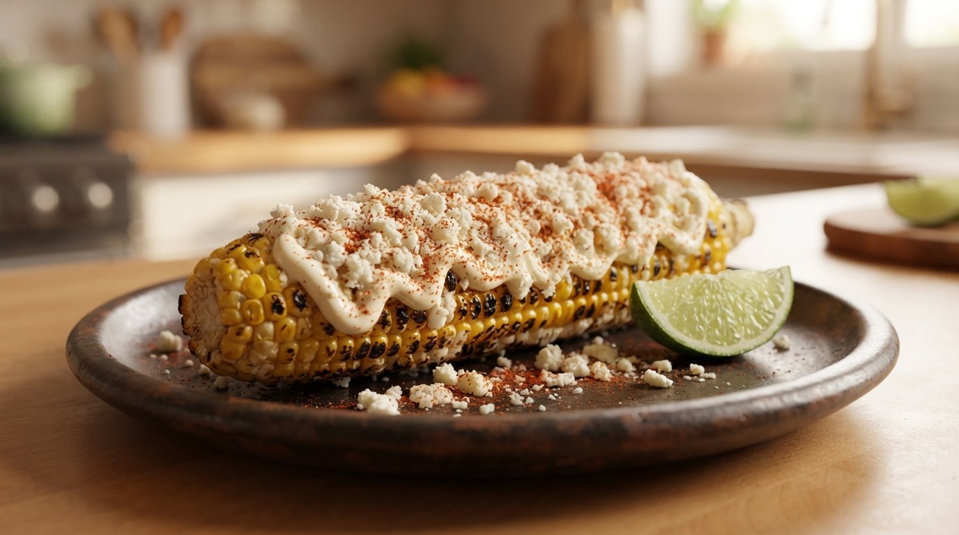 Elote asado estilo mexicano en freidora de aire, con mayonesa, queso cotija y chile