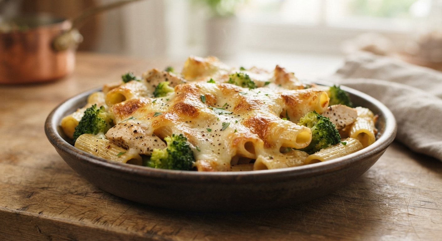 Rigatoni con pollo y brócoli gratinado en freidora de aire