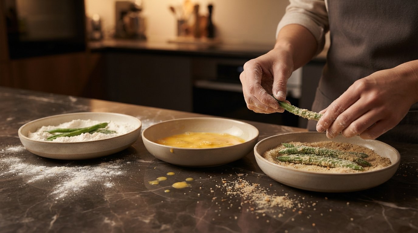 Rebozar las judías verdes en harina, huevo y pan rallado con parmesano