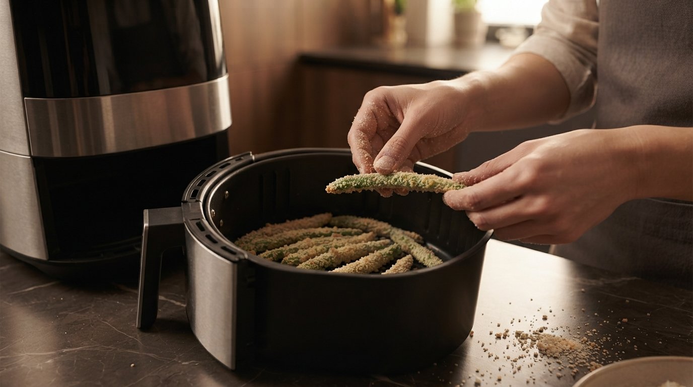Colocar las judías verdes empanadas en la cesta de la freidora de aire