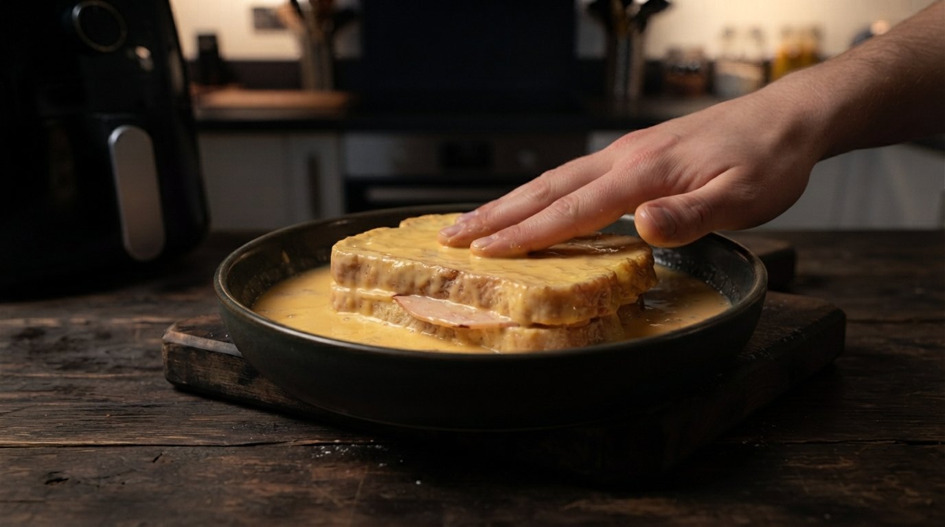 Rebozar el sándwich Monte Cristo en huevo batido