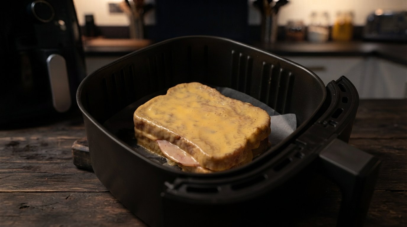 Colocar el sándwich Monte Cristo rebozado en la cesta de la freidora de aire