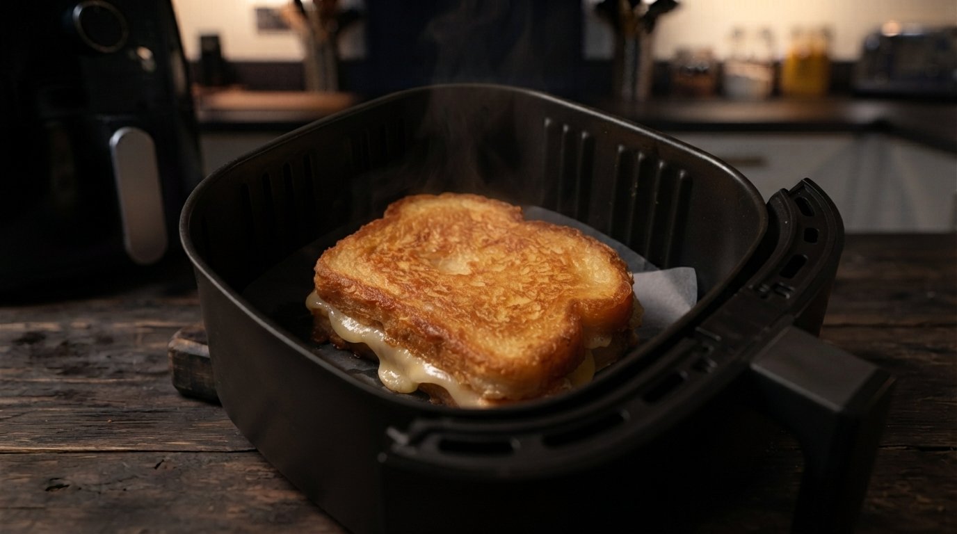 Sándwich Monte Cristo dorado recién sacado de la freidora de aire
