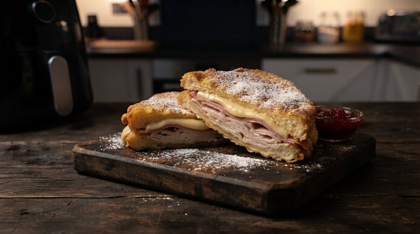 Sándwich Monte Cristo emplatado con azúcar glas y mermelada de frambuesa