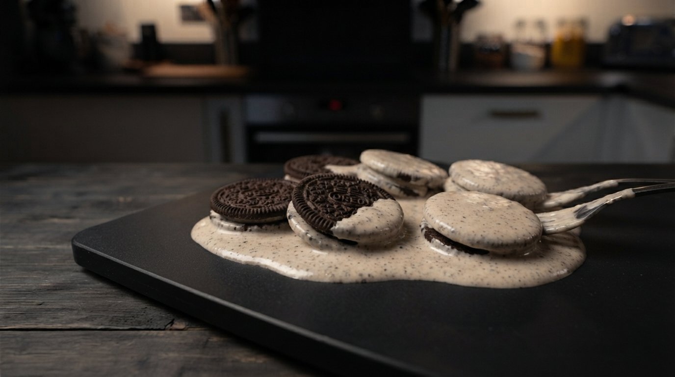 Rebozar las galletas Oreo en la masa de pancake