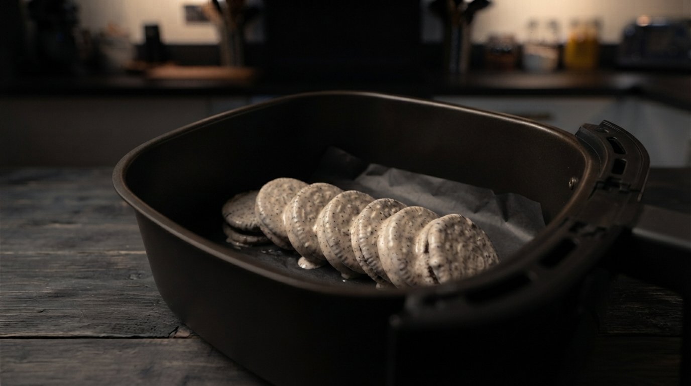 Colocar las oreos bañadas en masa en la cesta de la freidora de aire