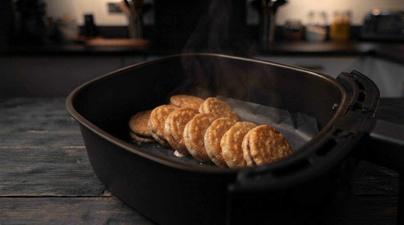 Oreos pancakes fritas recién sacadas de la freidora de aire, doradas y crujientes