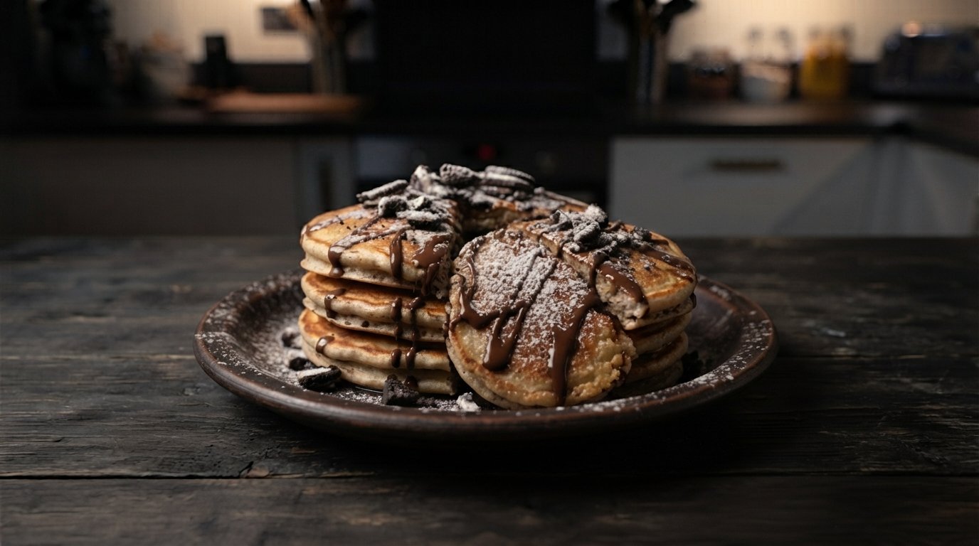 Oreos pancakes fritas en freidora de aire emplatadas con azúcar glas y chocolate