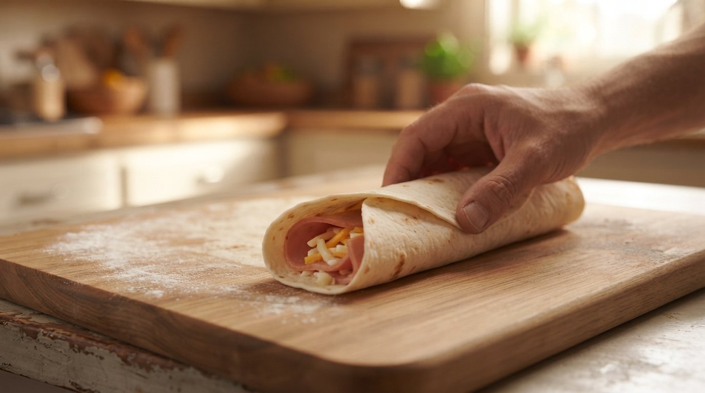 Manos enrollando el burrito con el relleno dentro